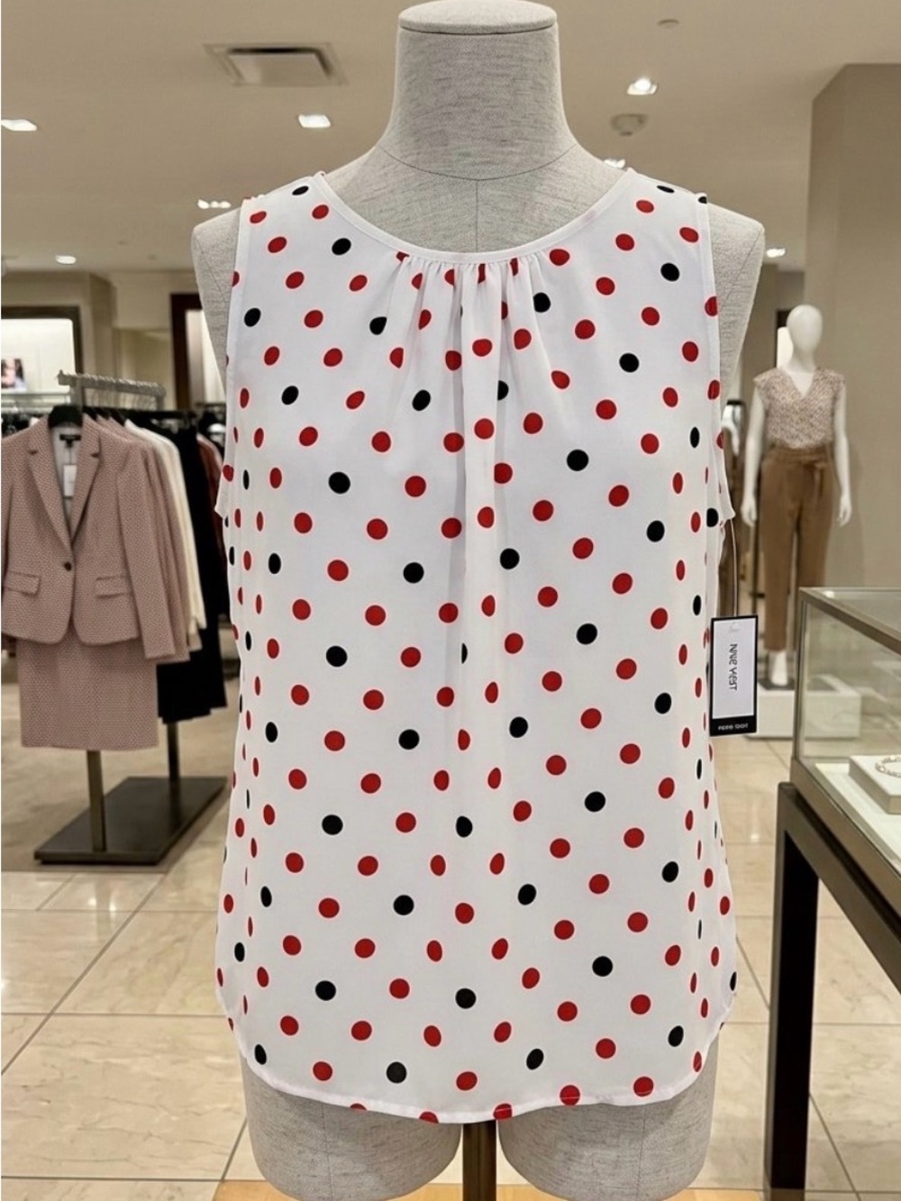 Nine West White Sleeveless Polka Dot Camisole with Red & Black Dots
